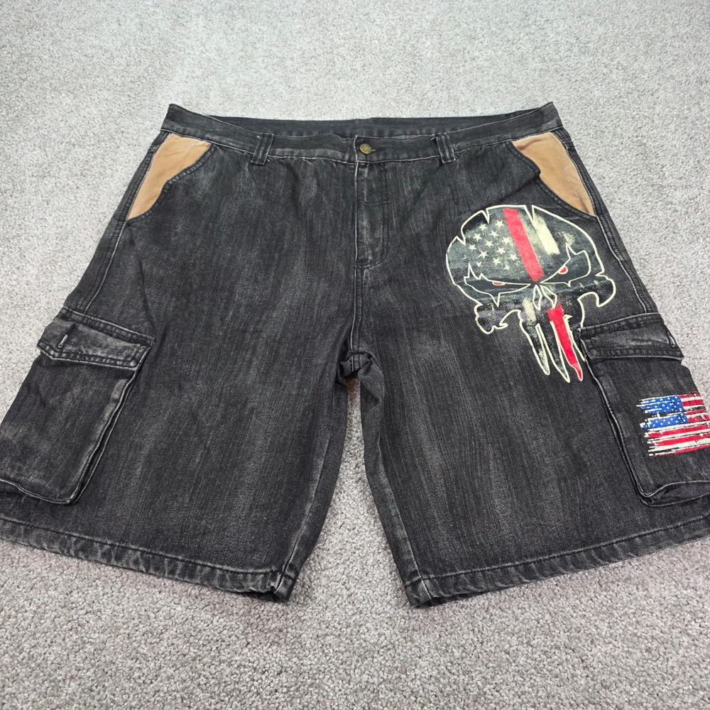 Mens Y2K Punisher Skull Thin Red Line Black Denim Cargo Shorts 3XL American Flag
